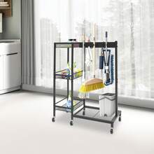 gladney Black Mobile Cleaning Trolley Cart With 6 Swivel Wheels 3 Brakes Vertical Space‑Saving Carbon Steel Organizer With 3 Baskets Hooks Mesh Panels And Raised Guardrails - Black - View 10