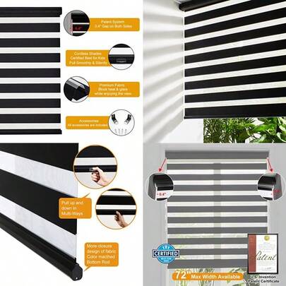 Superior Bronz Cordless Zebra Blinds For Windows Free-Stop Roller Windows Shades 24" W X 72" H Black Dual Layer Light Control For Day And Night Light Filtering Sheer Shades For Home Bedroom