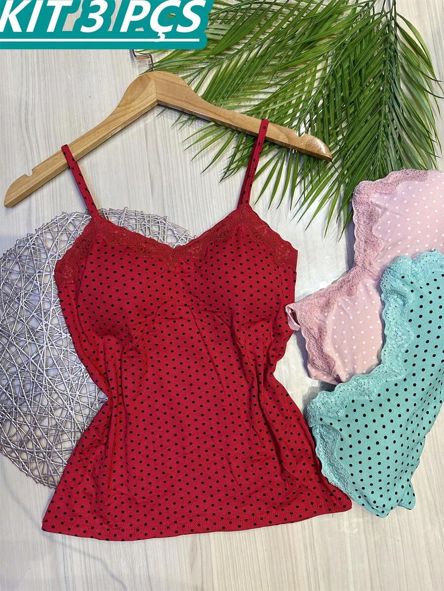 Set Of 3 Polka Dot Tank Tops With Built-In Bra Cups, Made Of Pretty Viscose/Lycra Fabric. - Red + Pink + Aqua Green - View 1
