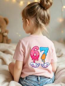 Girls' Creative "67" Ice Cream Cartoon Print T-Shirt, Fashionable Summer Top For Young Girls - Pink - View 3