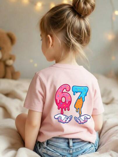 Girls' Creative "67" Ice Cream Cartoon Print T-Shirt, Fashionable Summer Top For Young Girls