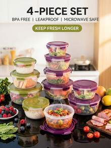 8件套（4个容器+4个盖子）紫色和绿色透明食品外卖盒，厨房储物盒，蔬果保鲜盒，微波炉圆形午餐盒，适用于食堂、露营、野餐，塑料材质，可存放肉类、海鲜、韩式泡菜、水果、面包、便当盒和午餐盒，旅行外卖食品容器，食品储物容器，也是理想的圣诞礼物之选。 - 彩色 - 查看 3