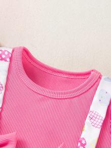 2件套女婴复活节糖果印花长袖连体衣连衣裙，配蝴蝶结发带，婴儿节日派对服装 - 彩色 - 查看 6