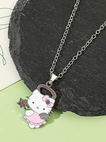 1pc Sanrio Cute Hello Kitty Metal Pendant Necklace, Elegant Fashion Rhinestone Studded Angel Kitty Necklace, Suitable For Daily Wear Or Gift - Multicolor - View 4