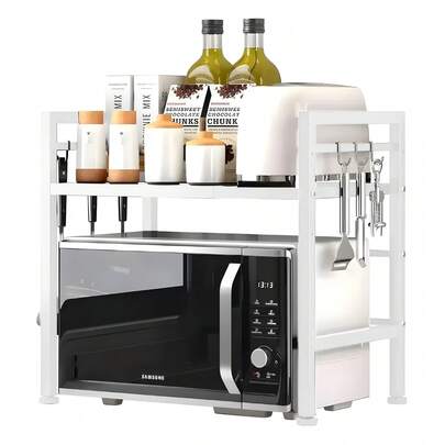 Estante expandible de doble capa para horno/microondas, soporte expandible para microondas, estante para utensilios de cocina y cubiertos, estante de almacenamiento para despensa, encimera, cafetería, oficina y dormitorio.