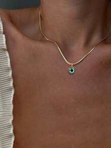 1pc Classic Stainless Steel Textured Gold-Tone Flat Chain Necklace With Round Blue Evil Eye Pendant - Yellow Gold - View 8