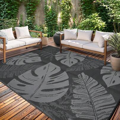 1Pcs Modern Geometric Floral Outdoor Area Rug For Balcony Pool RV Waterproof Reversible Mat Palm Vintage Straw Plastic Camping Carpet For Patio Deck