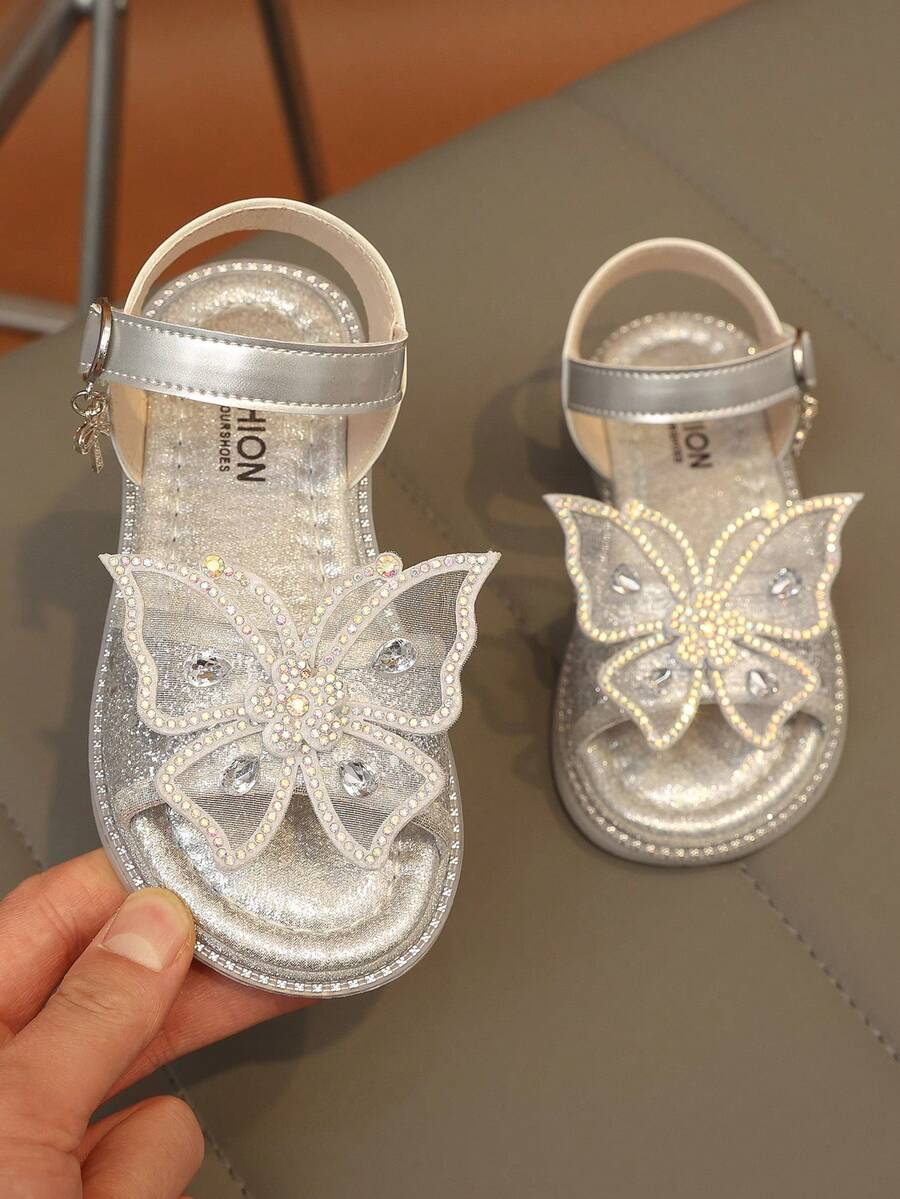 1 Pair Girls' Bow Sequin Sandals, Leather Hollow Out Summer Flat Water Drill Sandals, New Open Toe Hook And Loop Cute Sweet Style Flat Shoes, Children Sandals, Outdoor Beach Sandals, Round Toe, Daily, Dance, Wedding, Party, Princess Shoes - Silver - View 1