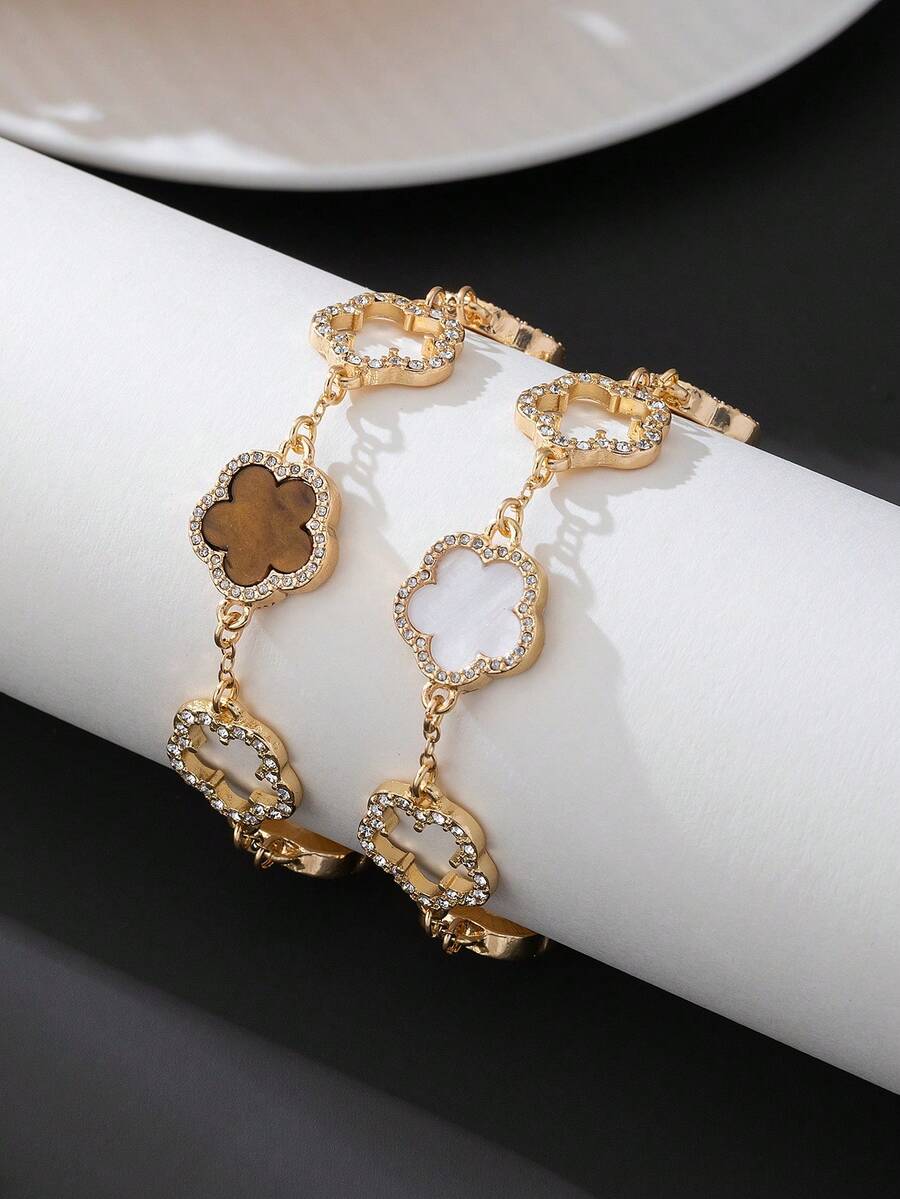2pcs Luxurious High-End Clover Rhinestone Embellished Brown & White Bracelet Set For Women, Stackable/Versatile - Multicolor - View 1