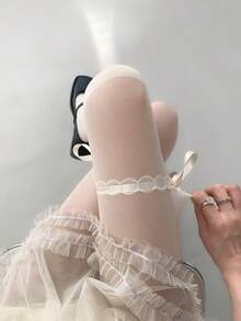 1pc Fishnet Stockings With Ribbon Ties, Autumn/Winter Stretchable Ribbed Stockings, Sexy Thigh High Stockings For Women - Multicolor - View 8