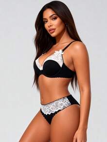 1 Set Black Lace Bow Lingerie, Delicate Pattern, Smooth & Skin-Friendly Fabric, Including Deep V Push-Up Bra And Sexy Panty, Creates A Sweet And Charming Style. - الأسود - مشاهدة 7