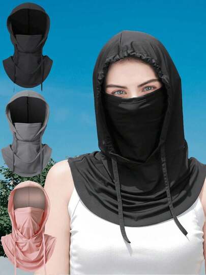 男女通用冰丝保暖头套，全面防紫外线，适合骑行——透气无缝，颈部抽绳可调节，带耳罩，适合骑行、摩托车、钓鱼和其他户外活动，也可作为女士防晒面罩和男士滑雪帽使用。