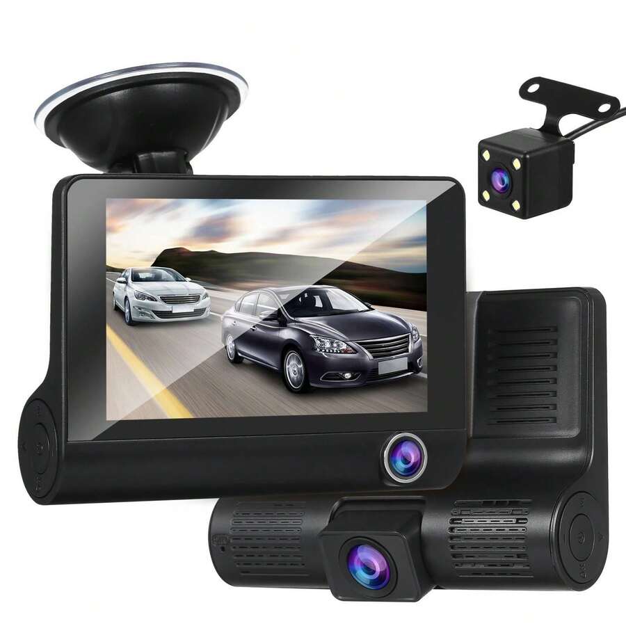 ONEEKA Grabadora de conducción de automóviles de alta definición con múltiples lentes, imagen de marcha atrás de gran angular de 1080P de alta definición del automóvil frente al automóvil, DVR de video oculto de tres lentes con visión nocturna de 1080P de alta definición