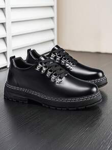 男士商务鞋，乐福鞋，平底，增高，系带，办公学院风，大半码 - 黑色 - 查看 2