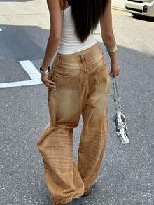 Quần jeans ống đứng màu kaki mài kiểu cổ điển dành cho nữ, thiết kế kiểu Mỹ, dáng rộng thoải mái, ống lửng cho mùa xuân và hè. - Màu Khaki - Xem 3