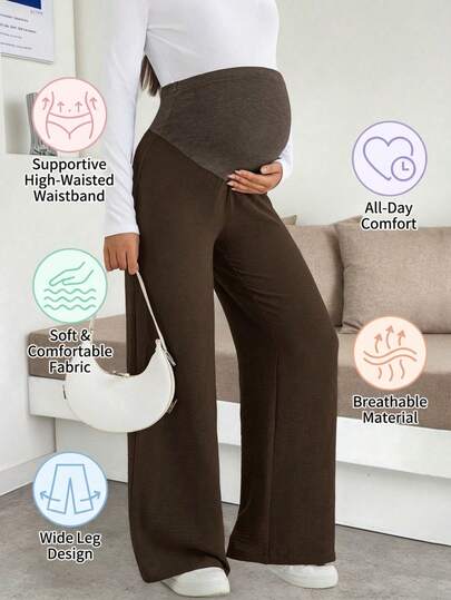 摩卡棕/深棕色孕妇针织高弹阔腿裤，舒适宽松商务休闲裤，适合工作、办公室通勤，纽扣设计，春季款