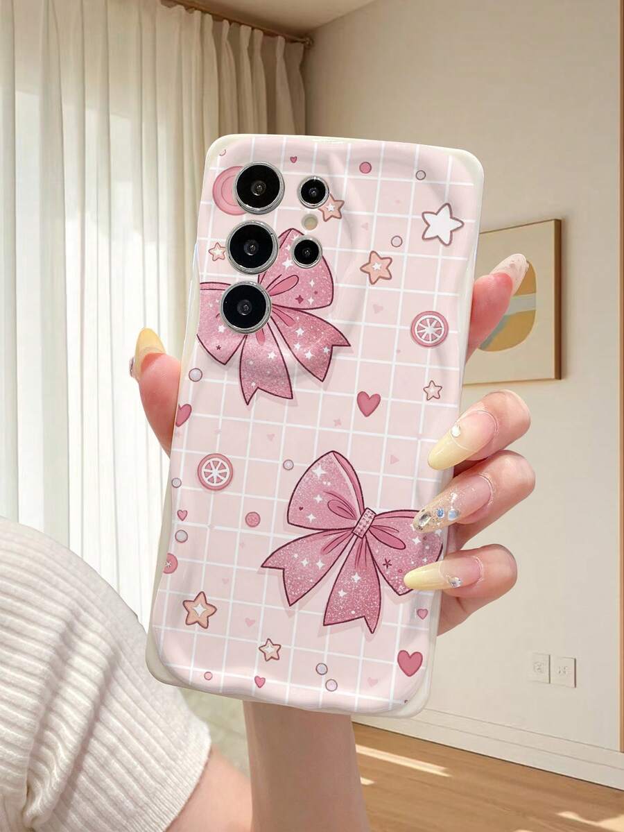 1个格子蝴蝶结星形图案不规则奶油色手机壳，适合女性日常使用，兼容安卓Galaxy S23/S24/S25/S26/A57/A37/A17/A07、Redmi系列 - 白色 - 查看 1