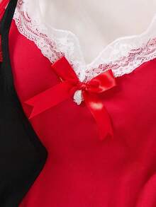 2件套女士情人节蕾丝边蝴蝶结装饰侧开衩下摆吊带睡裙 - 彩色 - 查看 5