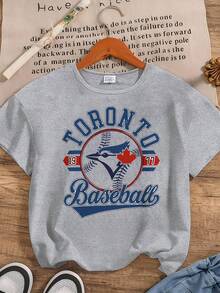 Graphic Design T - Shirt With 'TORONTO' Text & Blue Jay Baseball Bat Ball Emblem, Blue Cursive 'Baseball' & 1977 Strips, Black Cotton Crew Neck Casual Tee For Toronto Baseball Fans - Grey - View 7