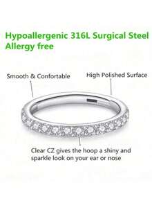 316L医用级不锈钢锆石耳环，16G，6mm/8mm/10mm/12mm可选 - 低过敏性铰链式耳扣，适用于鼻中隔、耳软骨、耳廓、耳屏、耳甲腔、内耳等部位，男女皆宜的礼物 - 銀色 - 查看 7