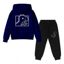 Children's Dinosaur Printed Sweatshirt And Sweatpants Set For School - Navy Blue - View 1