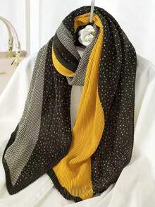 1pc New Pleated Polka Dot Print Color Block Casual Fashion Scarf Shawl Sunscreen Wrap, HEISE - Multicolor - View 4