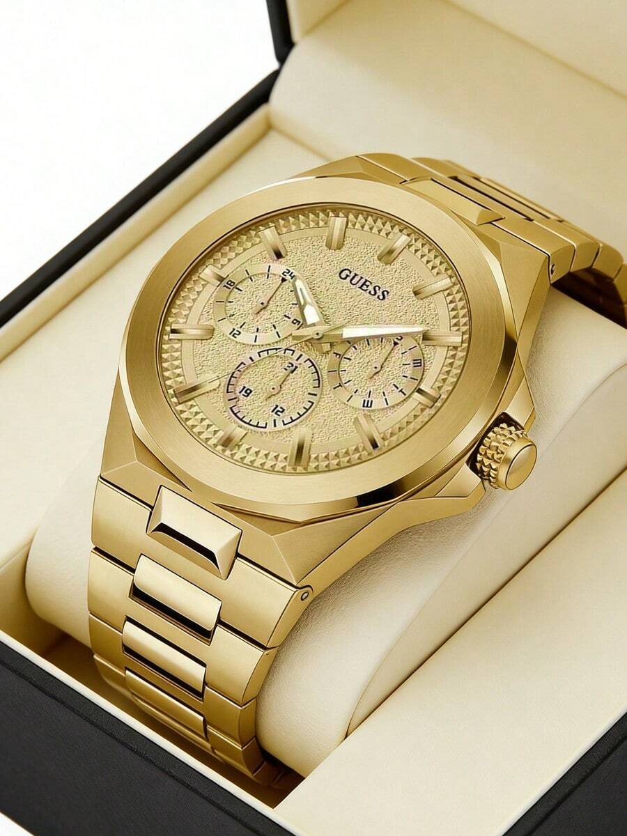 Guess Reloj de cuarzo para hombres, cronógrafo de acero inoxidable, caja de acero inoxidable casual de negocios/cristal resistente a los arañazos, regalo para hombres GW0798G2 - Dorado - Ver 1