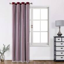 1pc Hollow Star Curtain, Polyester With Lace Sheer Double Layer Curtain, Darkening Bedroom Window Curtain, Cute Unique Princess Style Curtain Suitable For Holidays - Burgundy - View 12