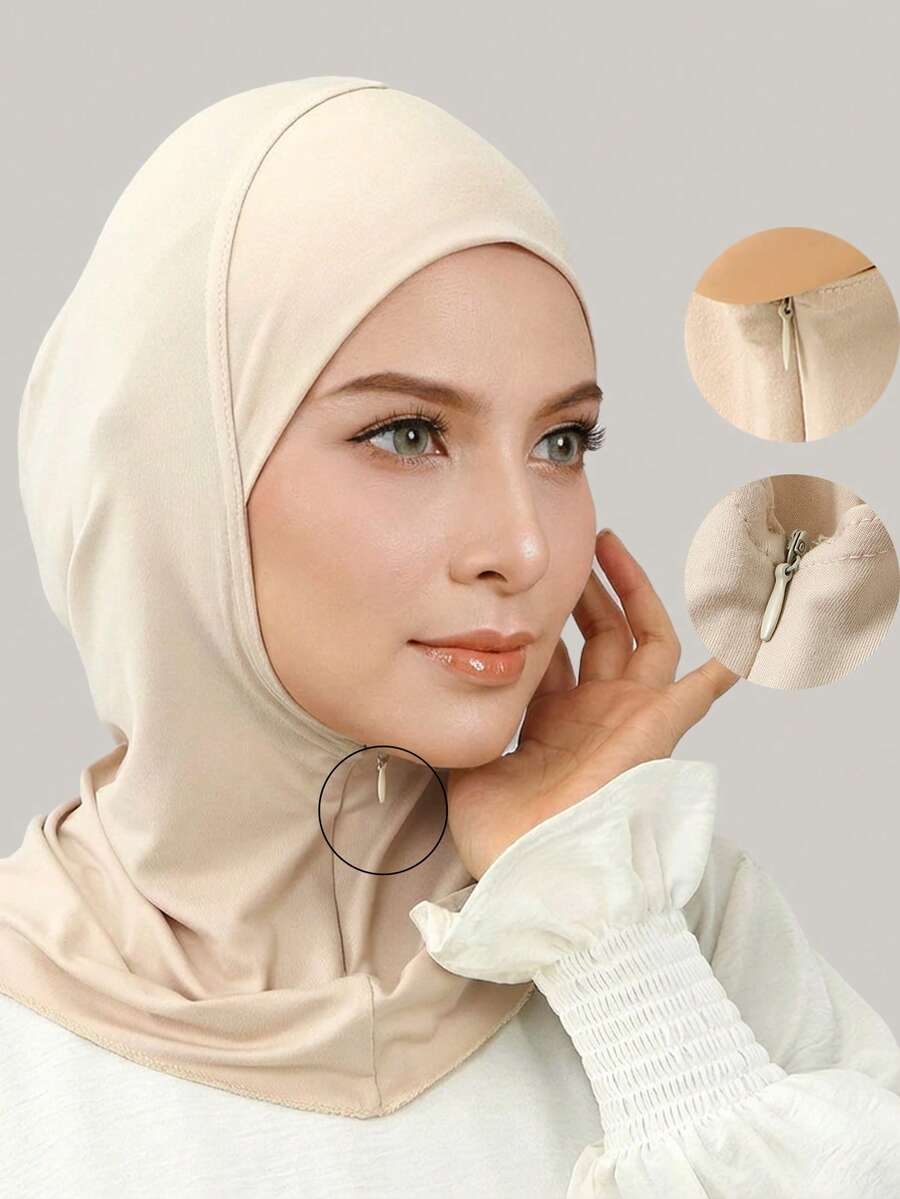 1件/2件装女士拉链式带帽檐内衬帽，穆斯林纯色柔软高品质牛奶丝针织帽，适合搭配头巾和长袍。 - 彩色 - 查看 1