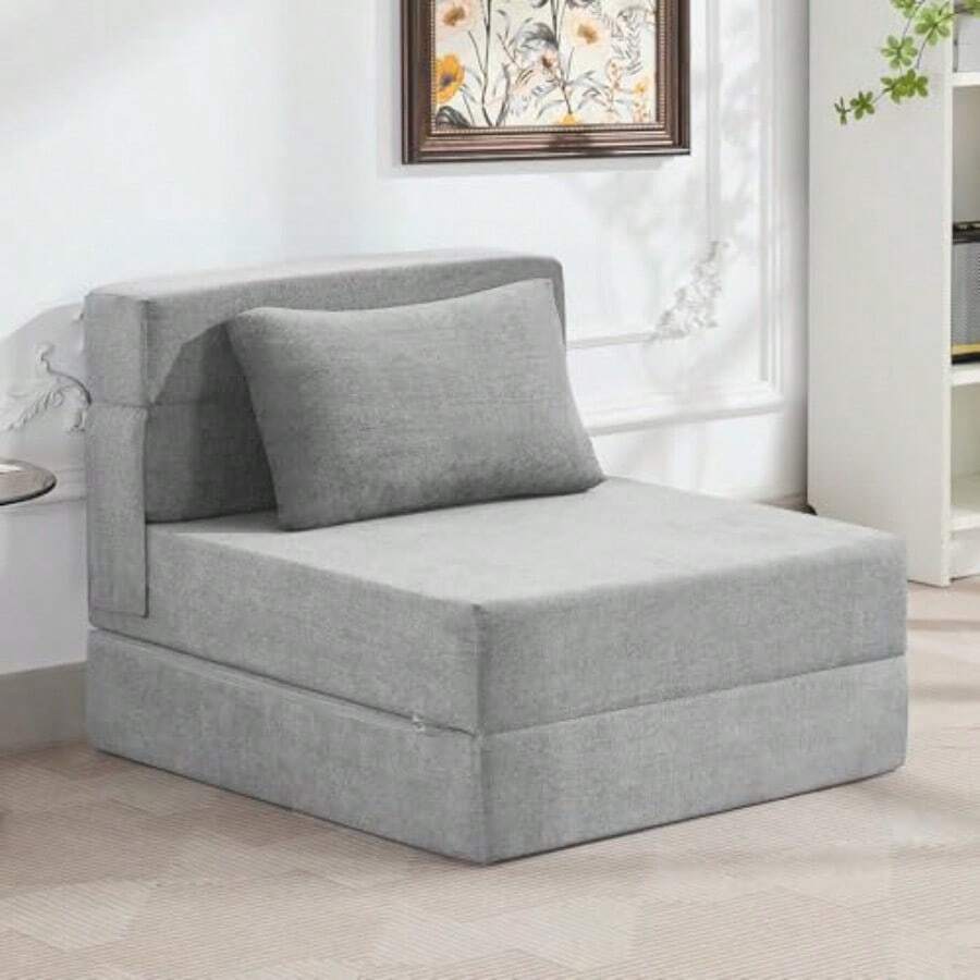 WUTUTUEE - Sofá Cama Plegable con Almohada Futón de Lino Colchón Plegable de Espuma Viscoelástica para Recámara Sala de Estar Recámara u Oficina Gris Claro Individual - Lino Gris Claro - Ver 1