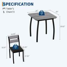 Conjunto de Comedor rústico para 2 Personas - Mesa Cuadrada y 2 sillas tapizadas - Estructura metálica y diseño Compacto - Ideal para cocinas pequeñas y desayunadores - Gris - Ver 2