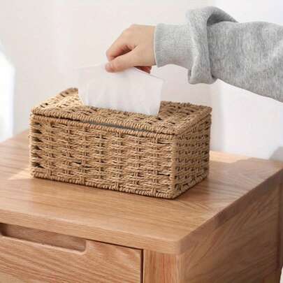 1pc Handmade Woven Paper Towel Box, Retro Bohemian Style Rectangular Paper Towel Storage Box, Rattan Exterior, Storage Rack With Small Tools, Breathable Design For Living Room, Office, Car, Desk, Home Decor