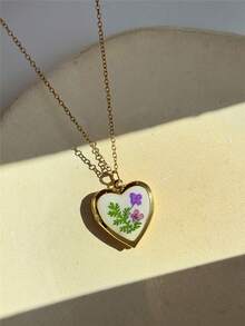 1件复古树脂干花吊坠项链，不对称几何椭圆心形吊坠项链，照片吊坠项链，永生花项链，时尚优雅女士饰品，DIY收纳 - 彩色 - 查看 12