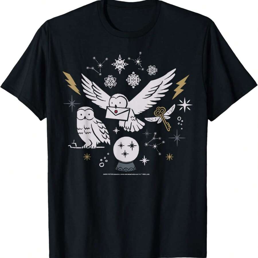 Harrys Potters Christmas Winter Owls T-Shirt - Black - View 1