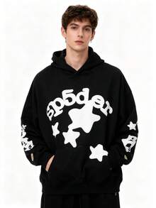 WJZQAQ Y2k  Hoodies For Men 555 Loose Spider Web High Street Hip Hop Long Sleeve Men's And Women's Hoodies Sweater Jacket Hooded Pullover - 黑色 - 查看 3