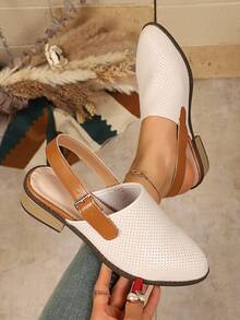 Chunky Heel Closed Toe Buckle Sandals, Fashionable Mid-Heel Hollow Breathable Slide Sandals - Beige - View 6