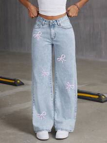 Tween Girl's Oversized Butterfly Print Denim Loose Fit Straight Wide Leg Jeans - Light Wash - View 2
