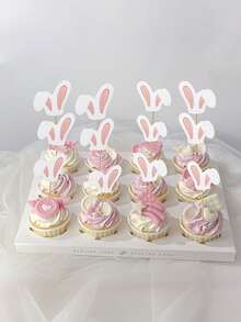 12pcs Pink Glitter Bunny Ear Shaped Easter Egg Cake Toppers, Children's Birthday Party, Baby Shower Party Supplies - Multicolor - View 3