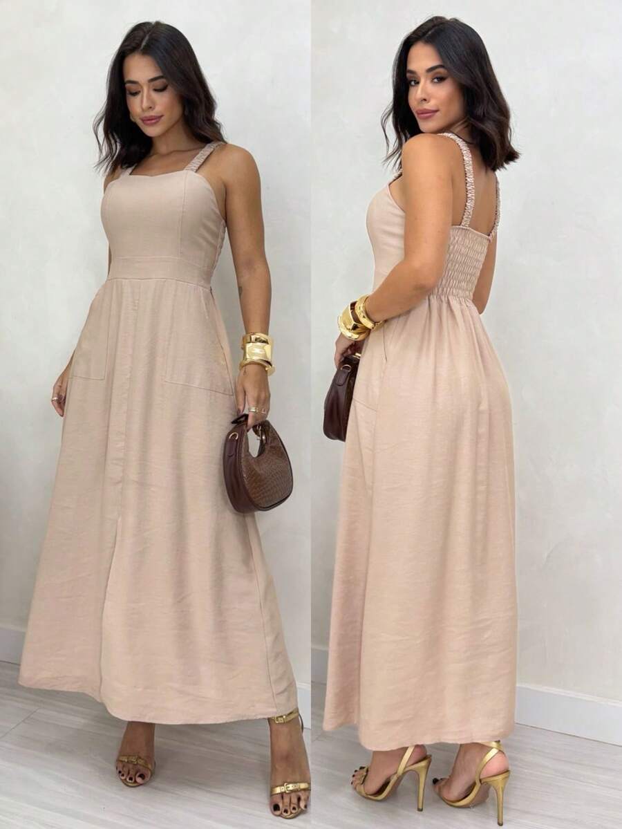 Long Dress Simple Elegant Casual Button Split Side Slit Women Wedding - 米色 - 查看 1