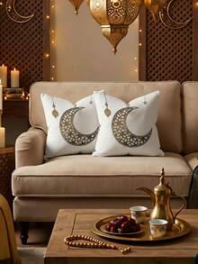 2pcs Black & White Moon & Star Pattern Soft Decorative Pillow Covers, Suitable For Sofa, Bed, Living Room - White - View 3