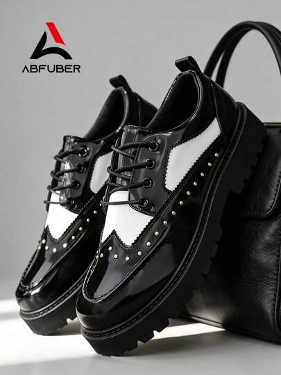 New Fashionable Designer Men's Derby Shoes, Elegant Gentleman Social Shoes With Lace-Up, Rivet Decor, Solid Color, Soft & Comfortable Glossy Patent Leather Upper, Affordable High-End Feel, Suitable For Daily Casual, Back To School, Student, College Style, Thick Sole Increase Height, Business, Formal, Party, Wedding, Groomsman, Holiday Gift, Spring/Summer/Autumn, Size Runs Small, Please Order One Size Up