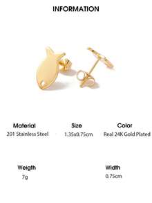 10pcs 201 Stainless Steel Earring Studs With 304 Stainless Steel Posts And Nuts, Diamond/Fish/Flower/Triangle/Rhombus Shapes, Real 24K Gold Plated - Gold - View 16