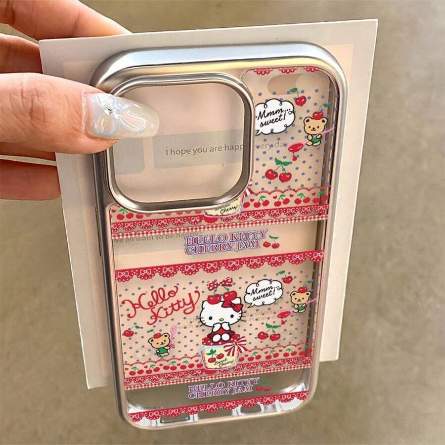 Sanrio 1个三丽鸥时尚电镀银框波点樱桃Hello Kitty手机壳，兼容 17 Pro Max/16 Pro Max/15/14，可爱小众13/12卡通保护套，送给女朋友、闺蜜、情人节的绝佳礼物 - 彩色 - 查看 1