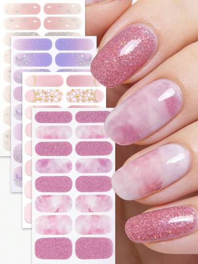 4 piezas de envoltorios de uñas con brillo rosa, tiras de uñas con estilo fresco de estrellas y lunas, fáciles de aplicar, perfectas para el arte de uñas casual y casero de las mujeres.