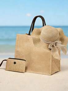 3pcs/Set Women Beach Tote Bag With Shoulder Strap, Beach Hat And Cosmetic Bag, Customizable Beach Bags,Customizable With A-Z Initial, Extra Large Capacity. Suitable For Wedding, Birthday, Beach And Holiday,Ideal For Fashion Lovers Who Love Personalized Items, Perfect For Shopping, Beach Vacation - Multicolor - View 15