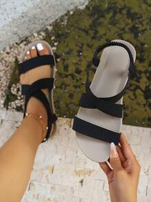 女士优雅舒适条纹人字拖凉鞋，平底沙滩度假鞋，大码，黑色 - 黑色 - 查看 11