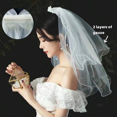 双层/四层复古卷边新娘头纱，飘逸森系风格头纱，网红婚礼拍照道具，珍珠蝴蝶结卷边新娘头纱，婚礼派对装饰头纱