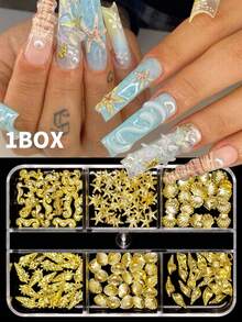 1/3盒夏季海洋3D美甲饰品 - 海星、贝壳、海马、金属铆钉、平底白珍珠和金色水钻 - 美人鱼美甲装饰 DIY美甲用品 美甲宝石 - 彩色 - 查看 11