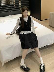 复古百褶A字裙，韩版 - 黑色 - 查看 5