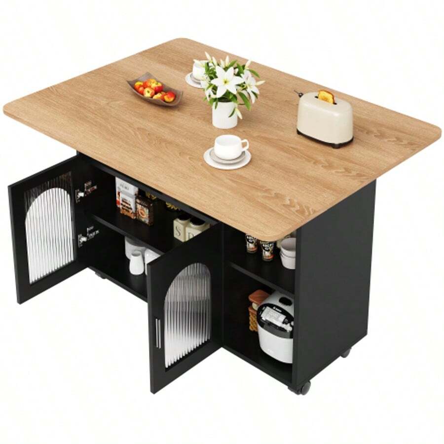 Kitchen Island, Modern Kitchen Island, Kitchen Cabinet, Removable Serving Cart, Sideboard, Wood-Look Dining Cart, Buffet, Multifunctional Dining Table With Storage, Black - 黑色 - 查看 1